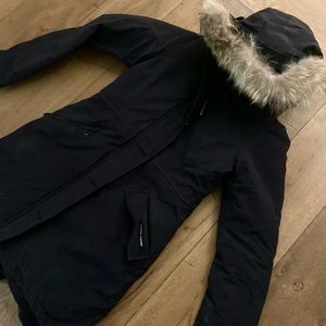 Womens Canada Goose Rossclair Long Parka Fur Hood Size Small, Navy-Marine